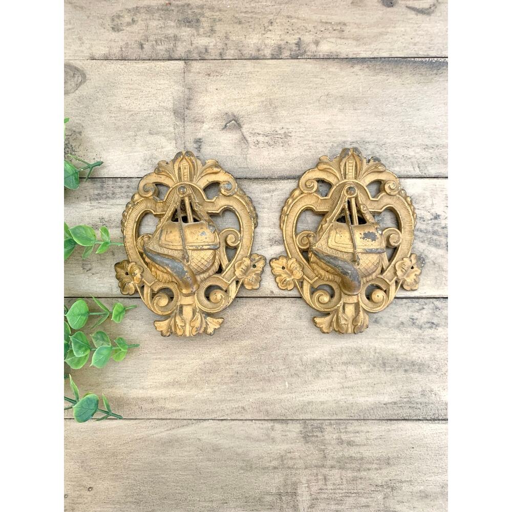 Antique French Revival Furniture Mounts Ornate Salvage Crest Pair Wall Decals